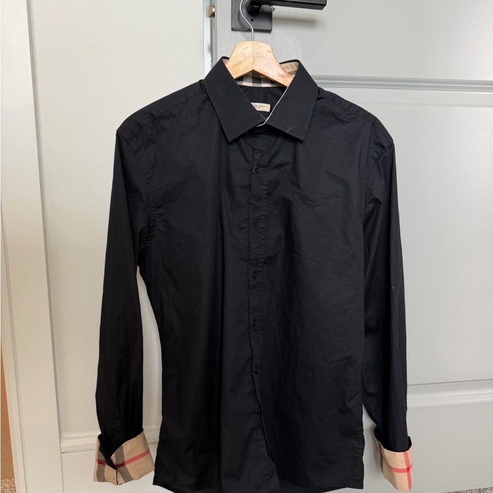 Burberry Black Button Down Shirt with Checkered Collar and Cuffs